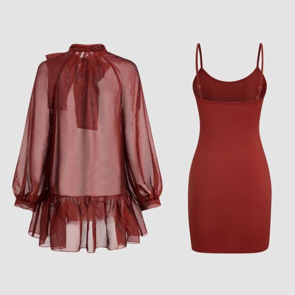 Red Bowknot Sheer Mini Dress with Cami Mini Dress - Picture 8 of 13